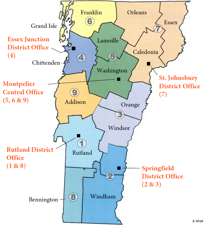 Act 250 district map with 9 districts 