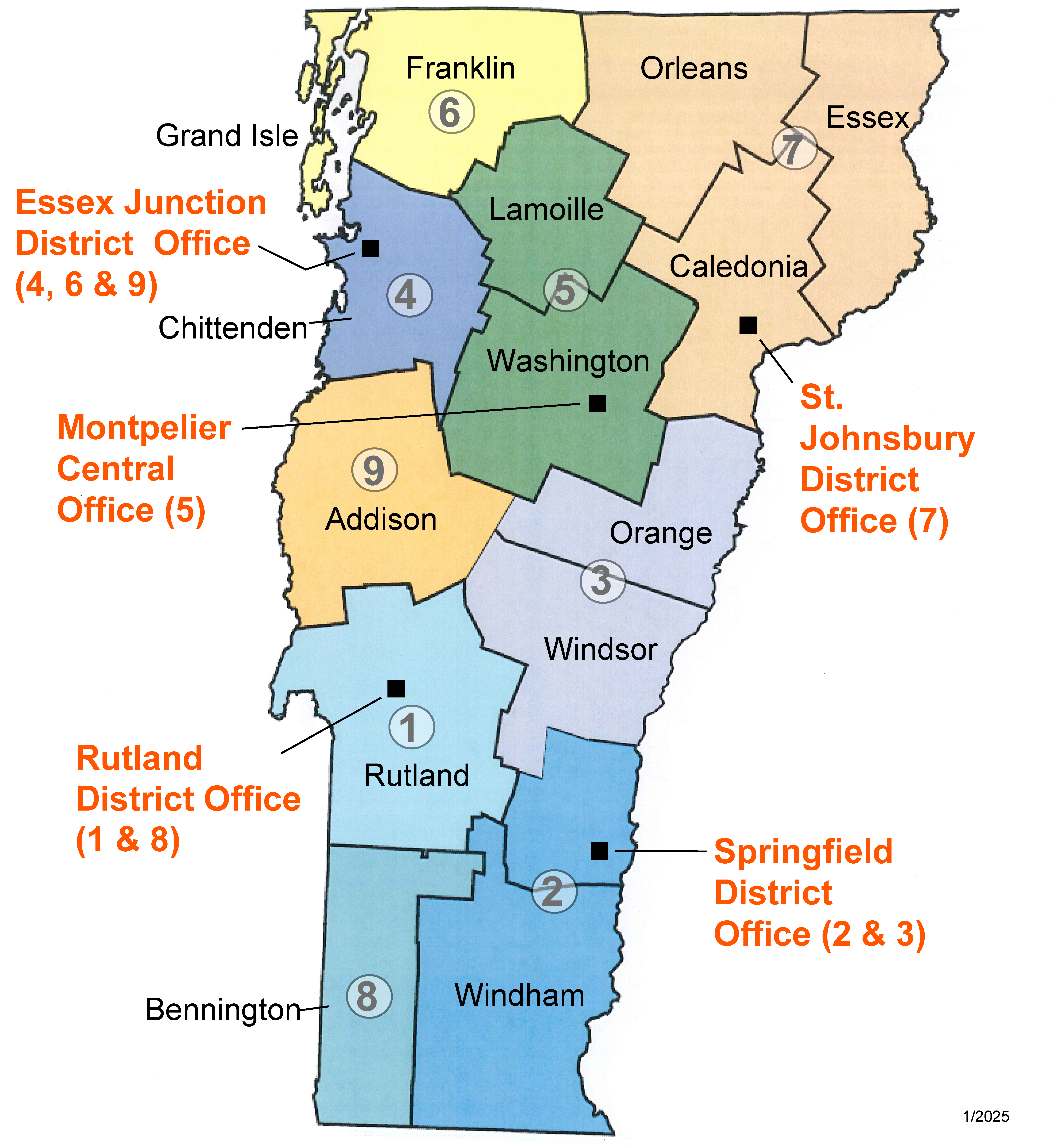 Act 250 district map with 9 districts 