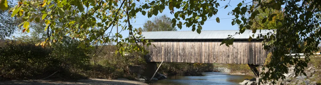 Grey bridge in background over river